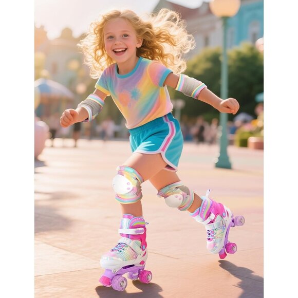Kids Rose Red Rainbow Adjustable Light Up Roller Skates With Fluffy Pom Poms - Picture 8 of 9
